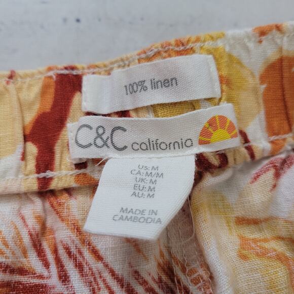 C&C California Size M 100% Linen Floral Pull On Lounge Shorts Orange White Bold - Picture 3 of 7
